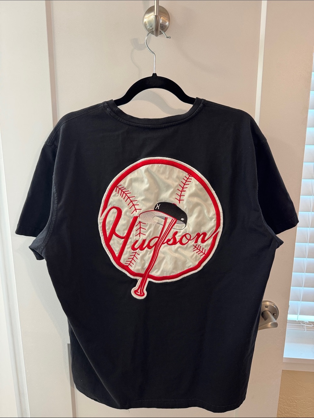 HDSN Hudson Black Embroidered Baseball Graphic Tee Satin Appliqué Cotton Shirt